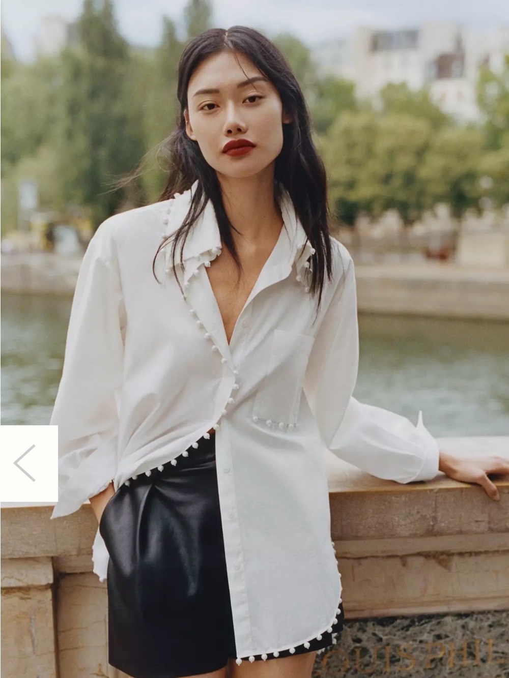 Anthropologie White Button-Down Shirt with Pearl Trim-MP